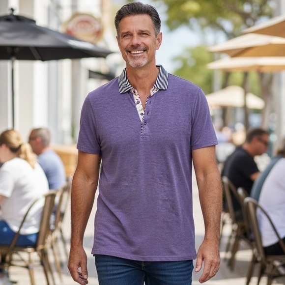 Stone Rose Other - Stone Rose Mens Purple Heathered Polo Shirt Floral Striped Trim Size 2 M BB-003